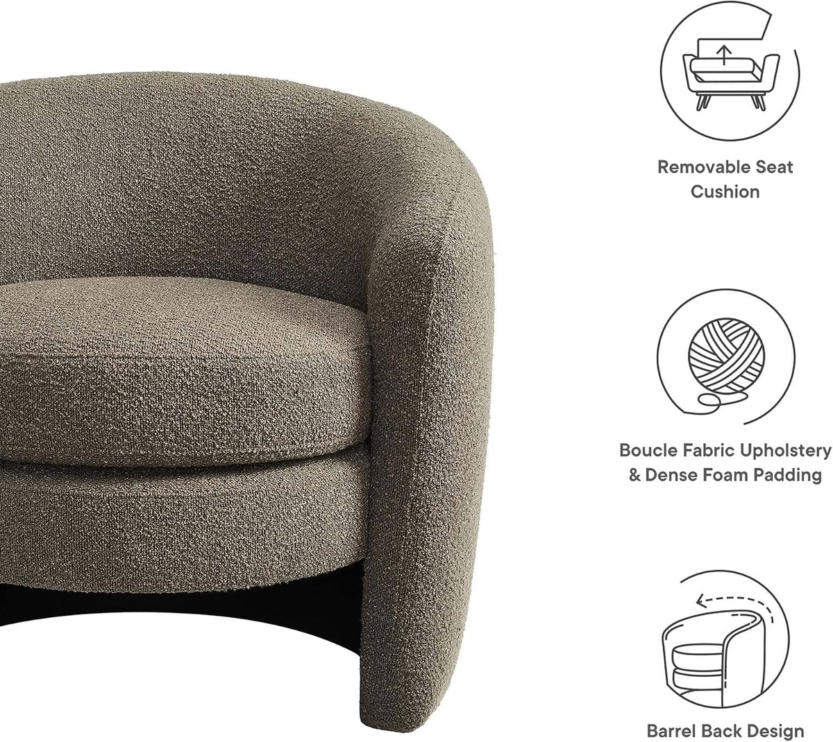 Affinity Boucle Fabric Accent Chair in Pebble - Versatile Living Room Chair with Curved Back - Upholstered Bedroom Barrel Chair - Reading Armchair