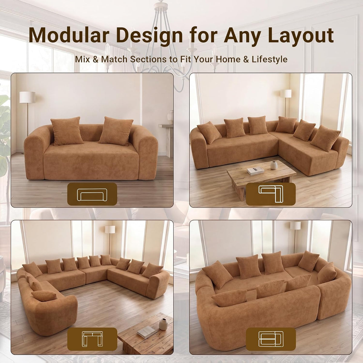 106" Cloud Boneless Couch, L-Shaped Sectional Sofa, Brown | Soft Knitted Fabric, Deep Seat Design, No Assembly Required,