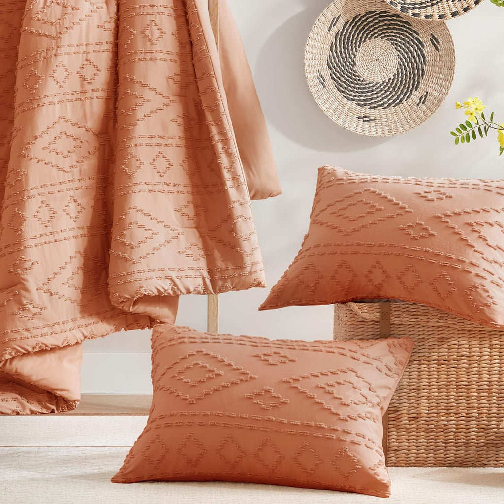 Comforter for King Size Bed, Geometric Diamond Tufted Boho Comforter Set, All Season Lightweight Bedding Set, Matching Sham, King/Cal King Terracotta 3 Piece