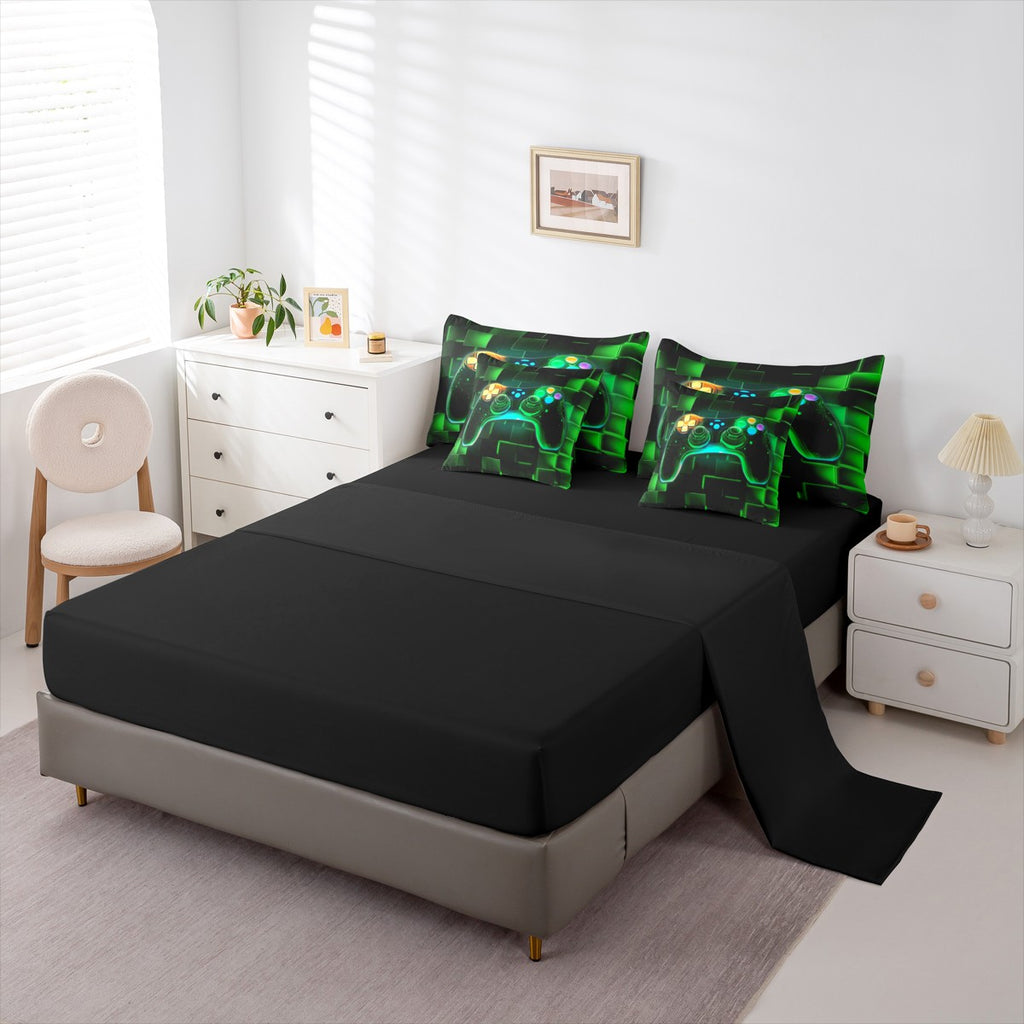 7-Piece Gamer Comforter Set, Twin, Gaming Bedding with Neon Glowing Green Geometric Patterns