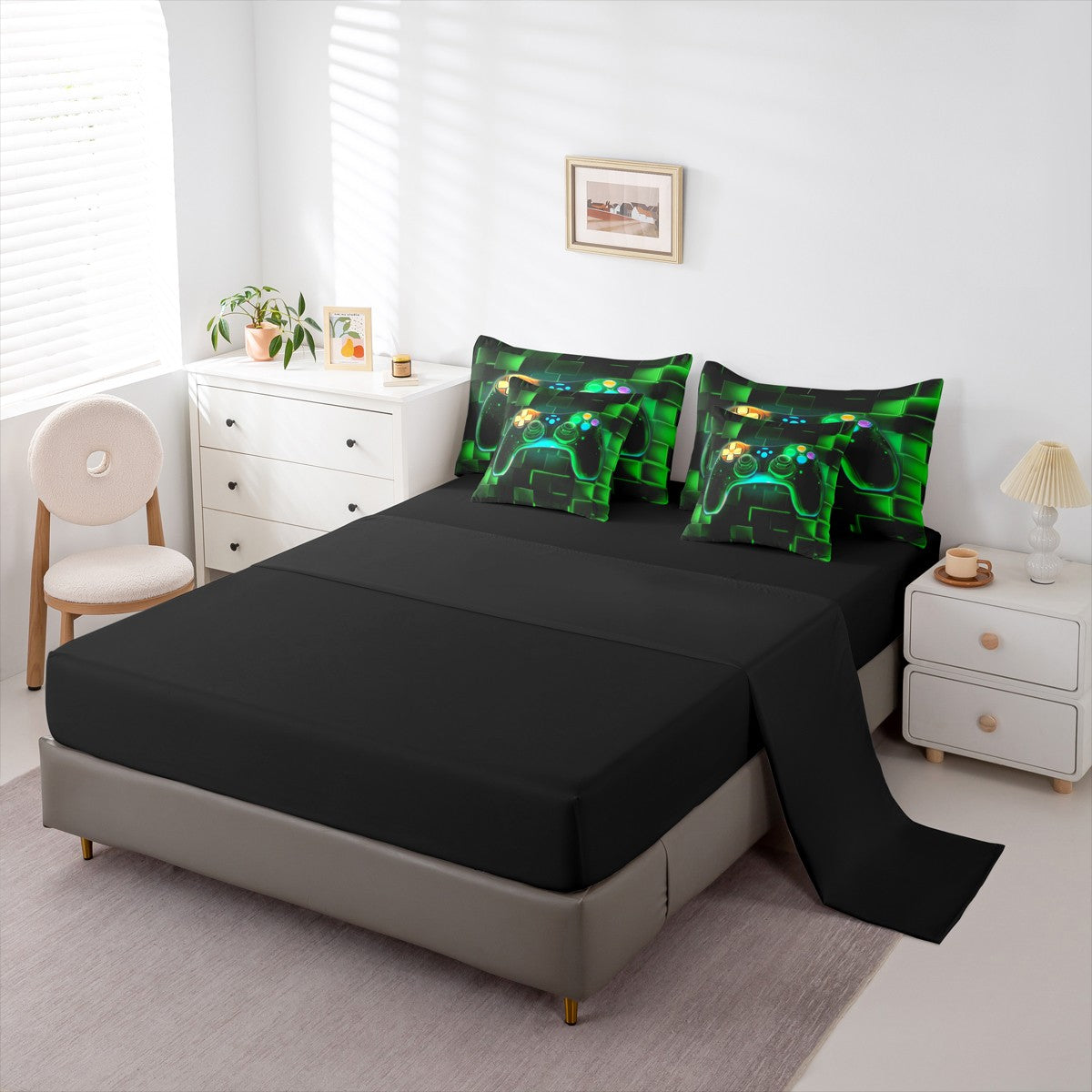 7-Piece Gamer Comforter Set, Twin, Gaming Bedding with Neon Glowing Green Geometric Patterns