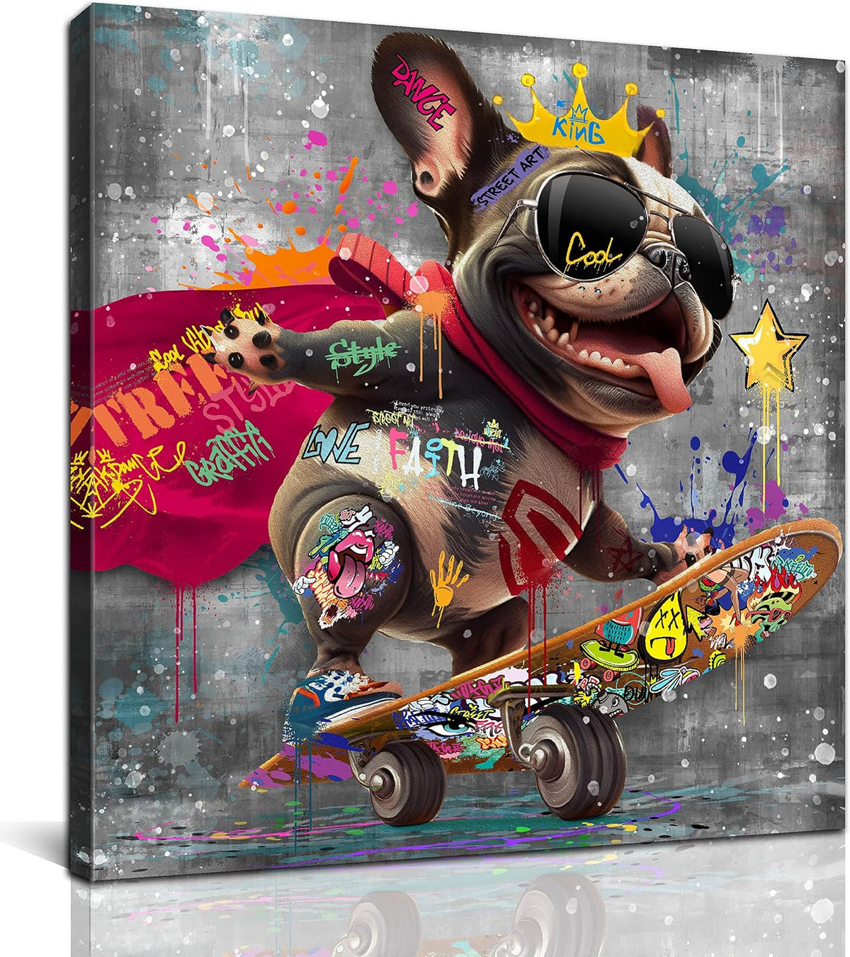 Funny Canvas Wall Art Funky Dog Play Skateboard Graffiti Picture Cool Wall Decor Ready to Hang for Bedroom Kids Room Size 14”W X 14”H