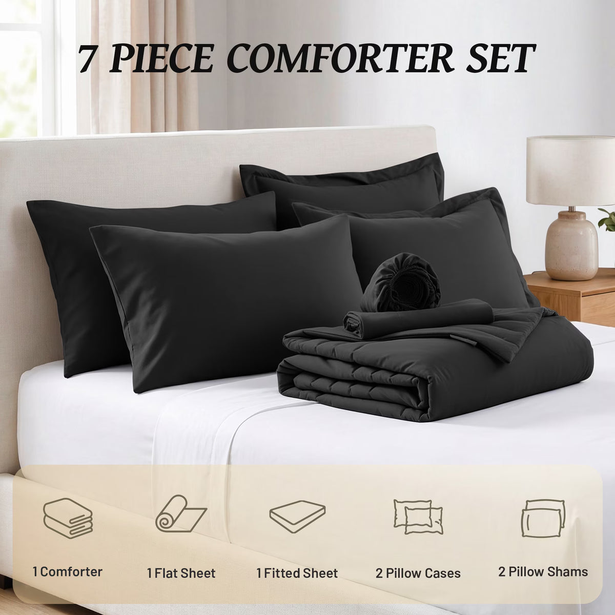 7-Piece Bed in Bag - Queen Size Striped Comforter Sets, Pillowcases & Sheet Collection for Cozy Bedding Sets - Black