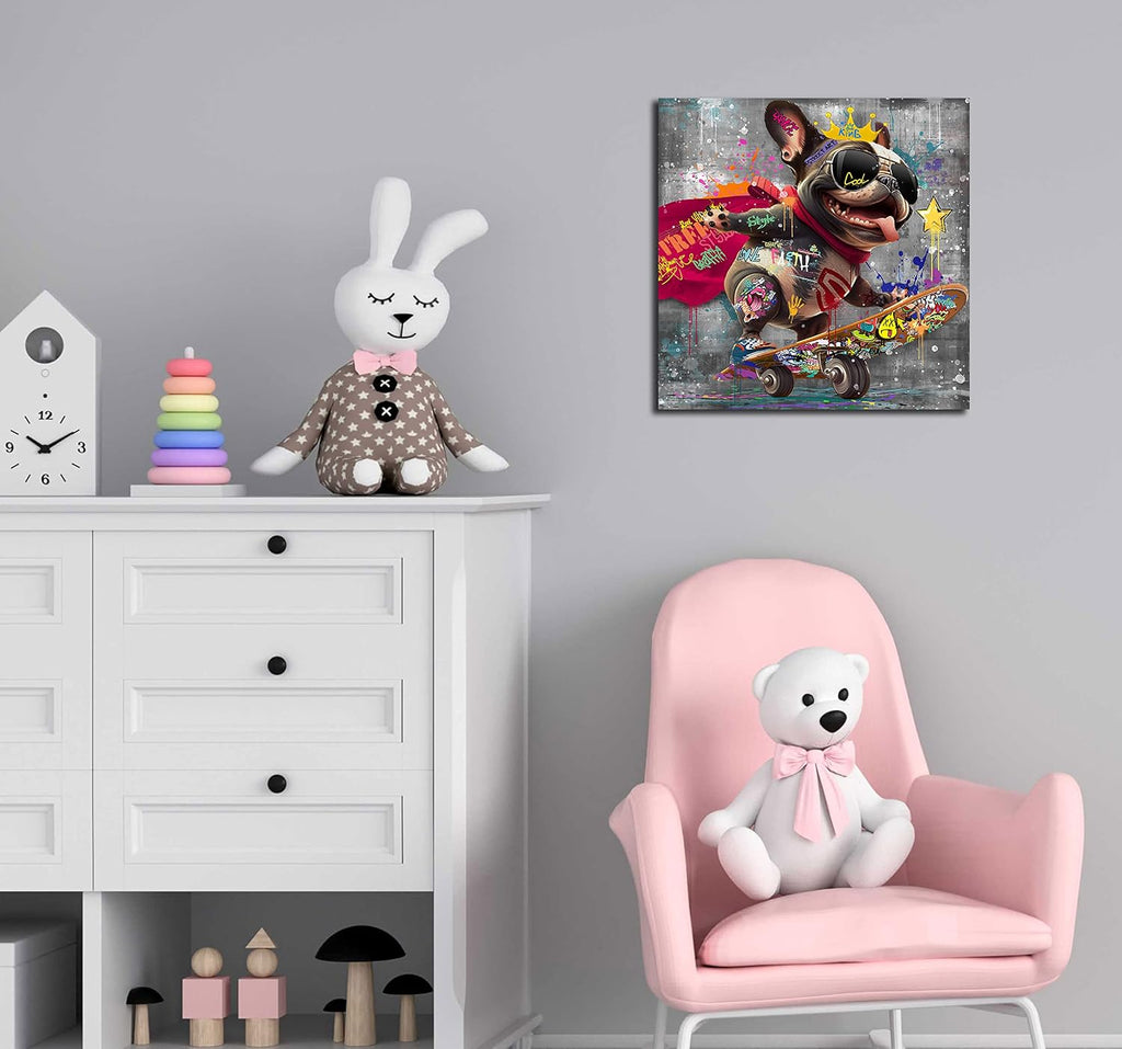Funny Canvas Wall Art Funky Dog Play Skateboard Graffiti Picture Cool Wall Decor Ready to Hang for Bedroom Kids Room Size 14”W X 14”H