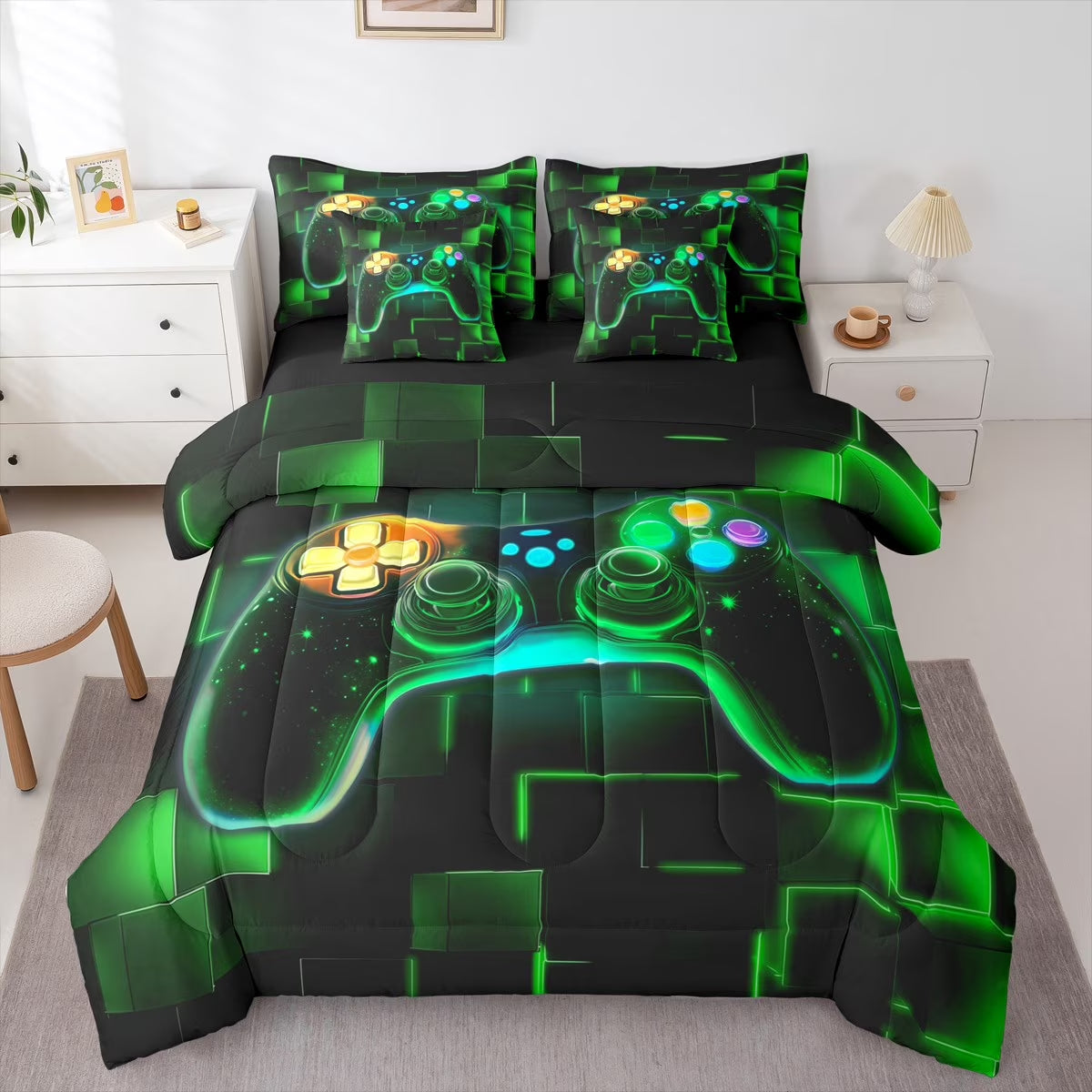 7-Piece Gamer Comforter Set, Twin, Gaming Bedding with Neon Glowing Green Geometric Patterns