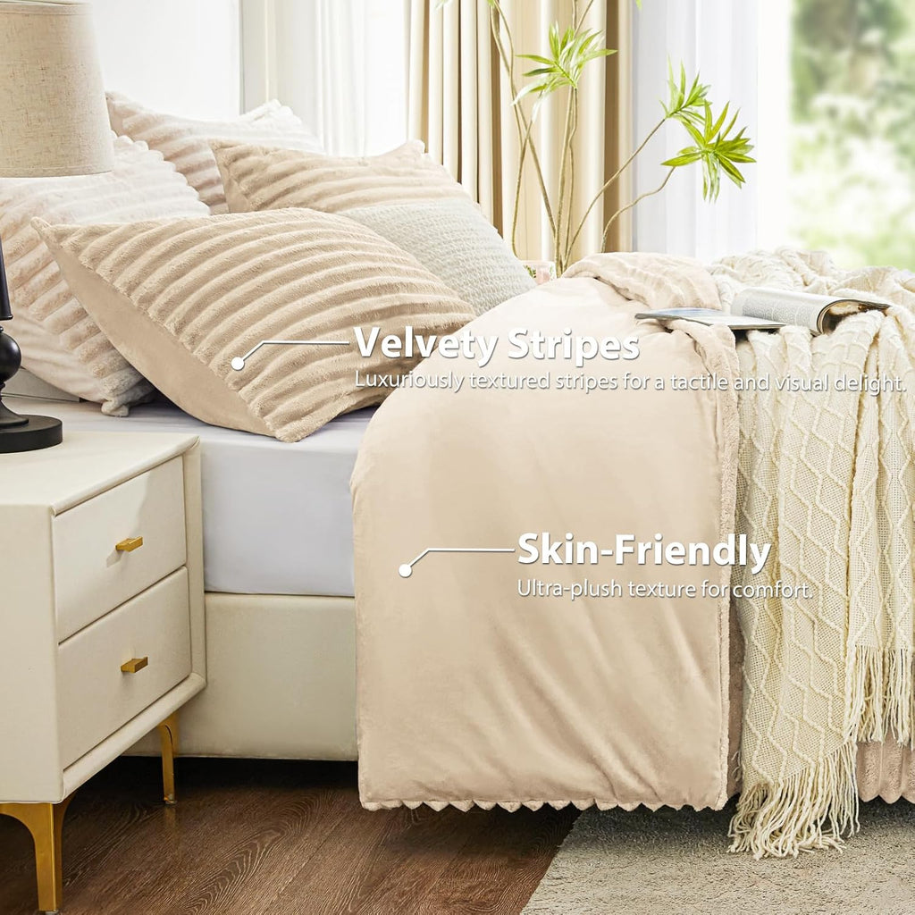 Fluffy Comforter Set King Size - Super Soft Faux Fur Stripe Jacquard Comforter 3 Pieces, Fleece Bedding Set,Winter Warm Bed Set,1 Comforter with 2 Pillowcases (Khaki)