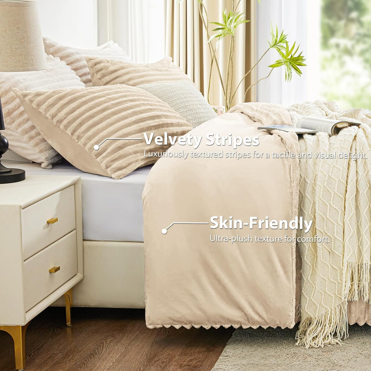 Fluffy Comforter Set King Size - Super Soft Faux Fur Stripe Jacquard Comforter 3 Pieces, Fleece Bedding Set,Winter Warm Bed Set,1 Comforter with 2 Pillowcases (Khaki)