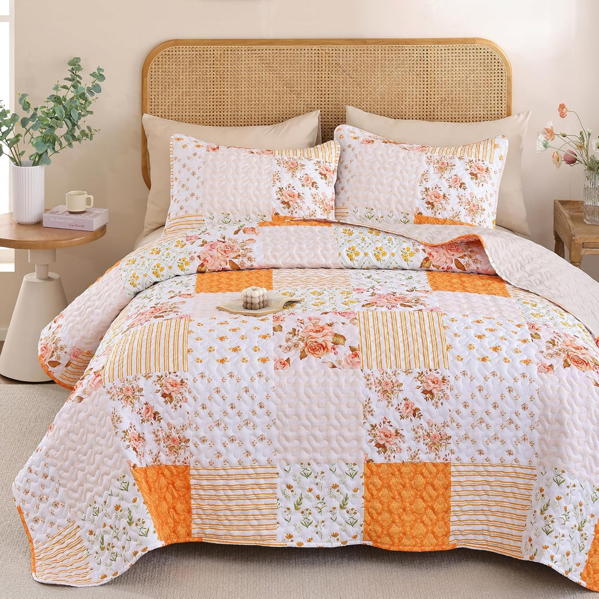 Floral Quilt Set Queen Size – Ultra Soft Lightweight Bedspread, 3 Piece Orange Bedding Set (90"X90") with Pillowcases (20"X26"), All Season Coverlet for Bedroom & Guest Room