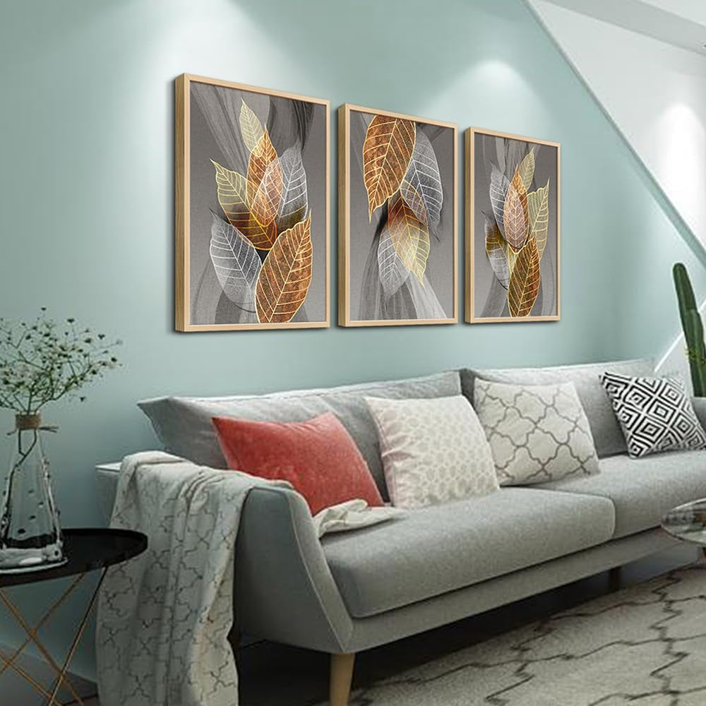 Natural Wood Framed Wall Art for Living Room Large Size Wall Decorations for Bedroom Office Wall Decor Abstract Leaves Painting Framed Wall Pictures Artwork Kitchen Home Decor of 3 Piece Art Prints