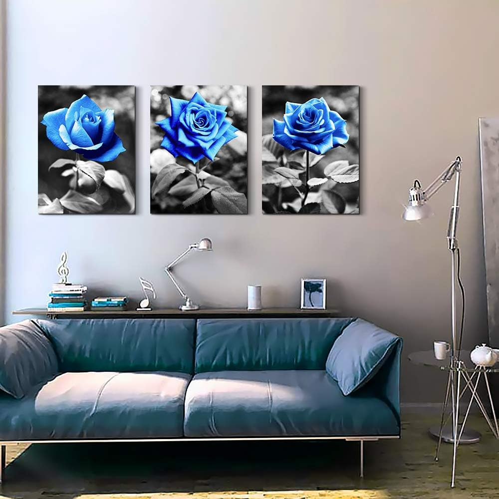 Bedroom Wall Art for Living Room Bathroom Wall Decor for Kitchen Family Pictures Artwork Black and White Blue Rose Flowers Canvas Paintings 16" X 24" 3 Pieces Framed Modern Office Home Decorations