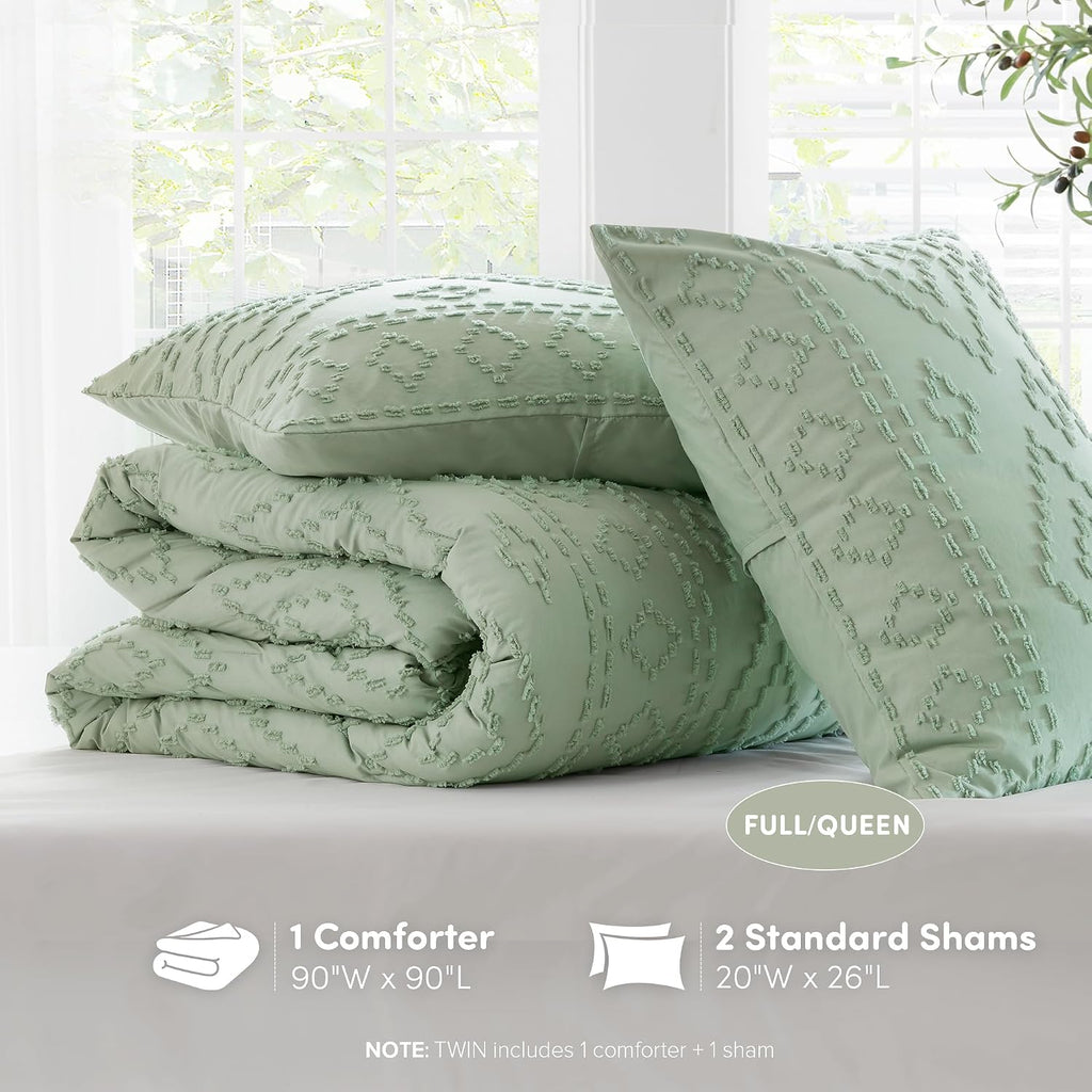 Comforter for Queen Size Bed, Geometric Diamond Tufted Boho Comforter Set Queen, All Season Lightweight Bedding Set, Matching Sham, Full/Queen Sage Green 3 Piece