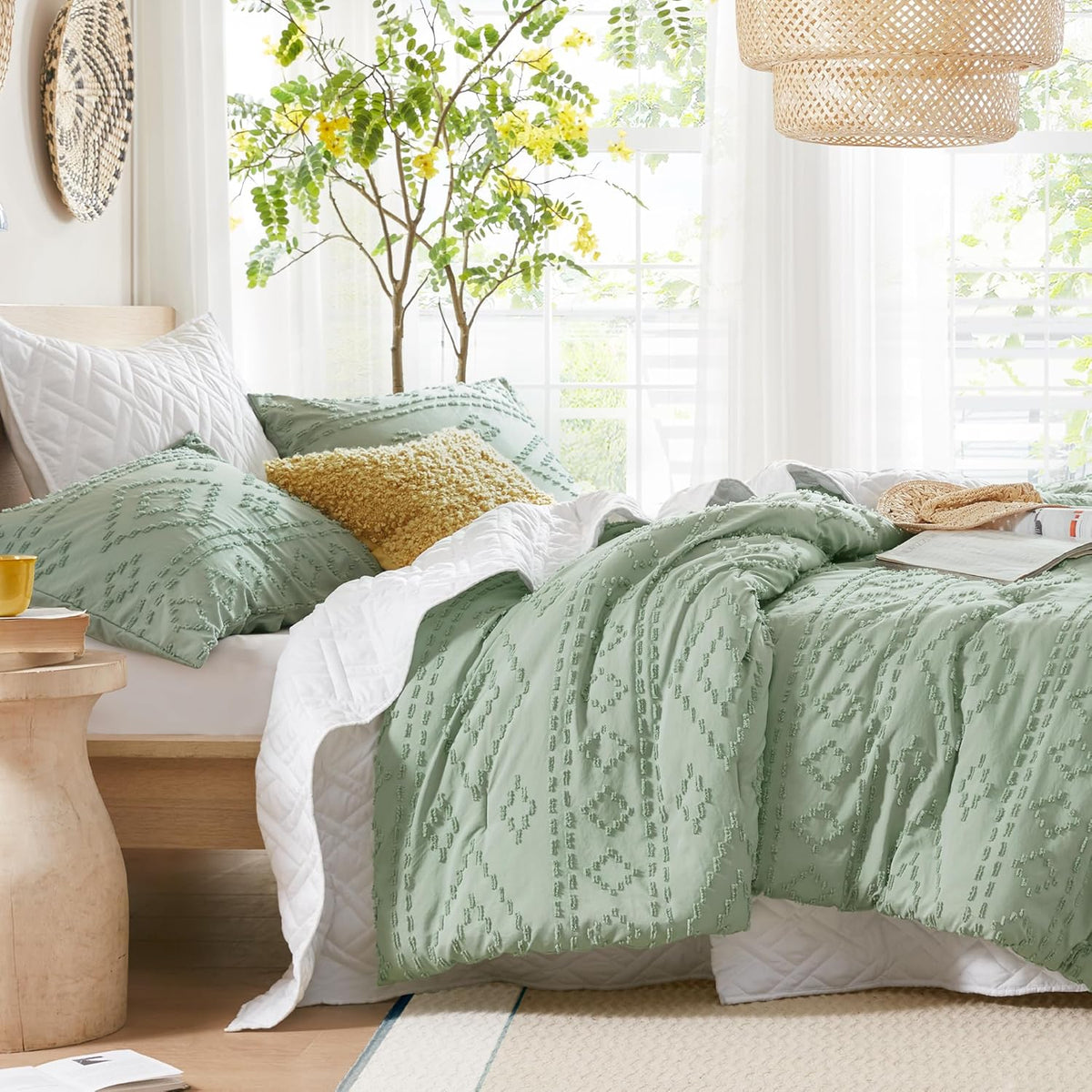Comforter for Queen Size Bed, Geometric Diamond Tufted Boho Comforter Set Queen, All Season Lightweight Bedding Set, Matching Sham, Full/Queen Sage Green 3 Piece