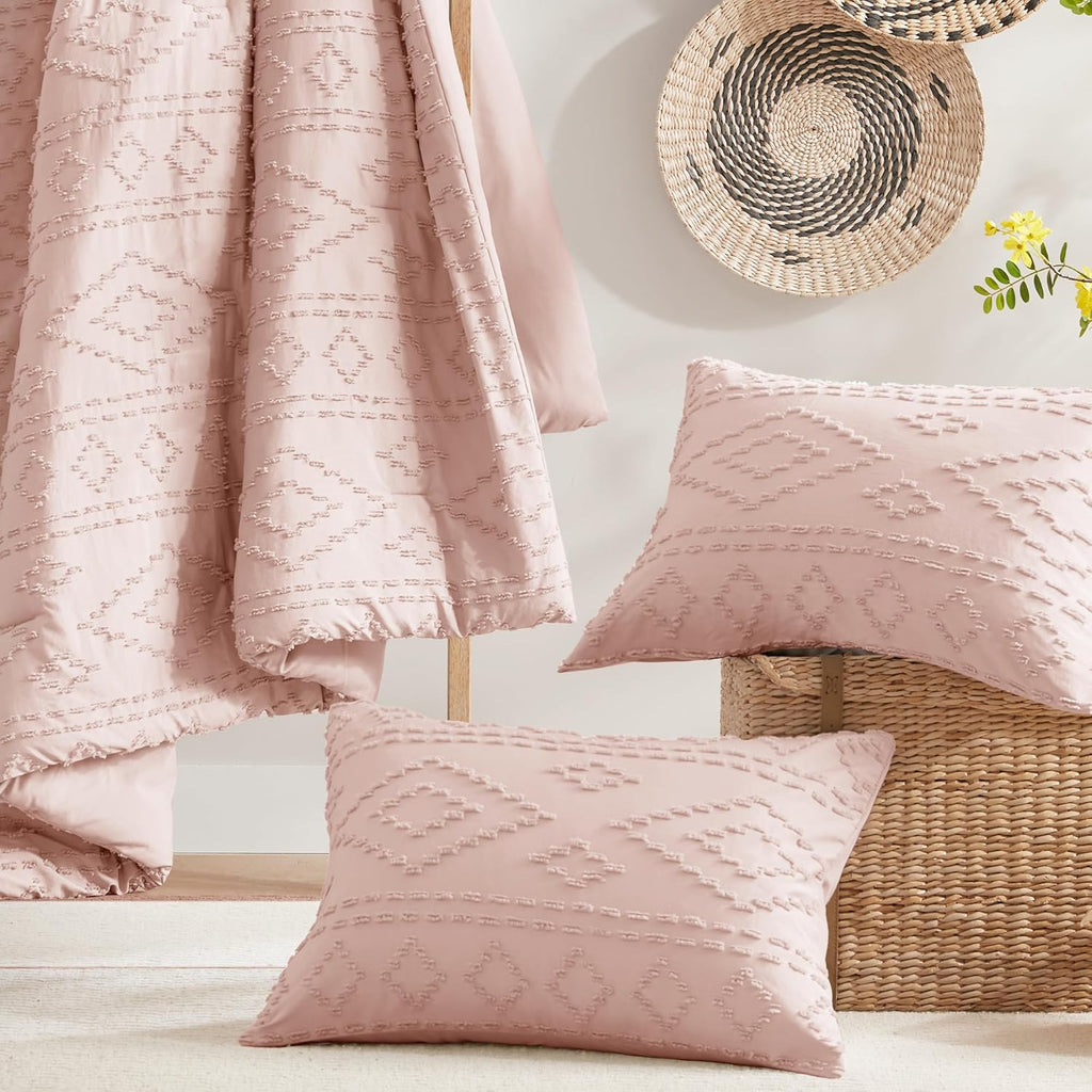 Comforter for King Size Bed, Geometric Diamond Tufted Boho Comforter Set, All Season Lightweight Bedding Set, Matching Sham, King/Cal King Pink 3 Piece