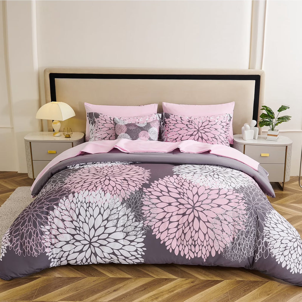 8-Piece Pink and Grey Queen Comforter Set - Reversible Floral Bed in a Bag with Sheets, Pillowcases, Shams, and Decorative Pillow Cover for Teen Girls and Women