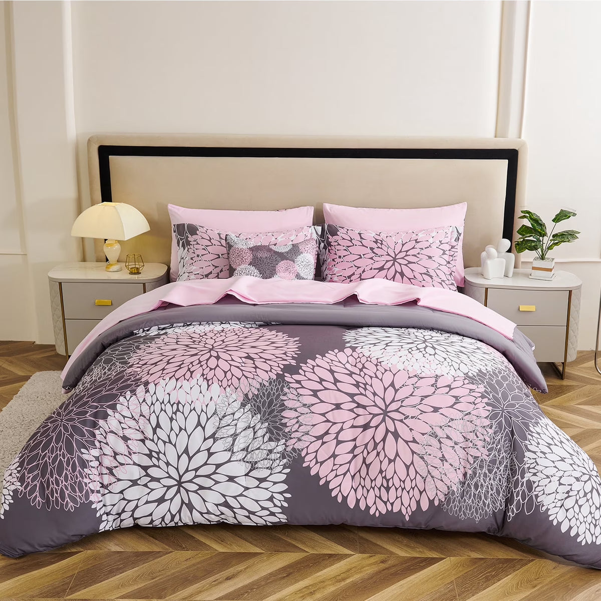 8-Piece Pink and Grey Queen Comforter Set - Reversible Floral Bed in a Bag with Sheets, Pillowcases, Shams, and Decorative Pillow Cover for Teen Girls and Women