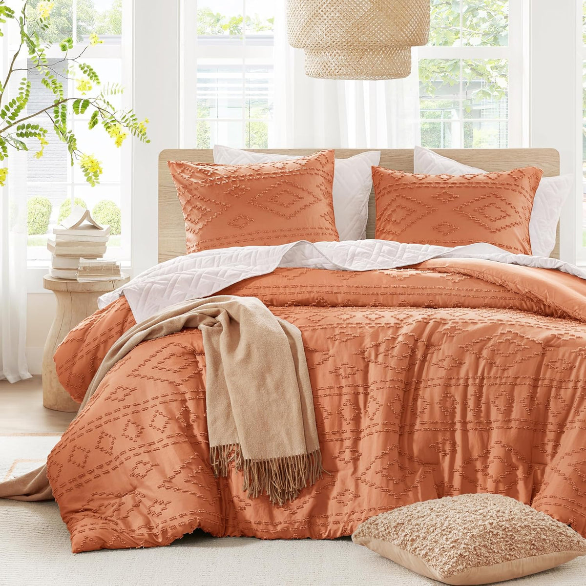 Comforter for King Size Bed, Geometric Diamond Tufted Boho Comforter Set, All Season Lightweight Bedding Set, Matching Sham, King/Cal King Terracotta 3 Piece