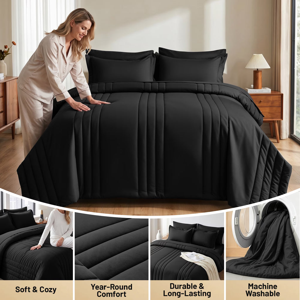 7-Piece Bed in Bag - Queen Size Striped Comforter Sets, Pillowcases & Sheet Collection for Cozy Bedding Sets - Black