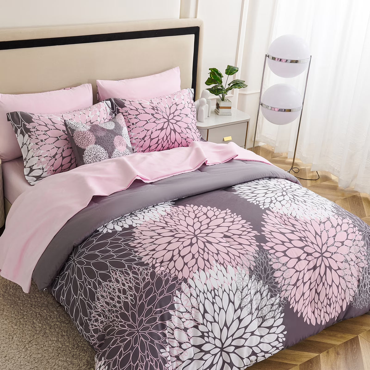 8-Piece Pink and Grey Queen Comforter Set - Reversible Floral Bed in a Bag with Sheets, Pillowcases, Shams, and Decorative Pillow Cover for Teen Girls and Women