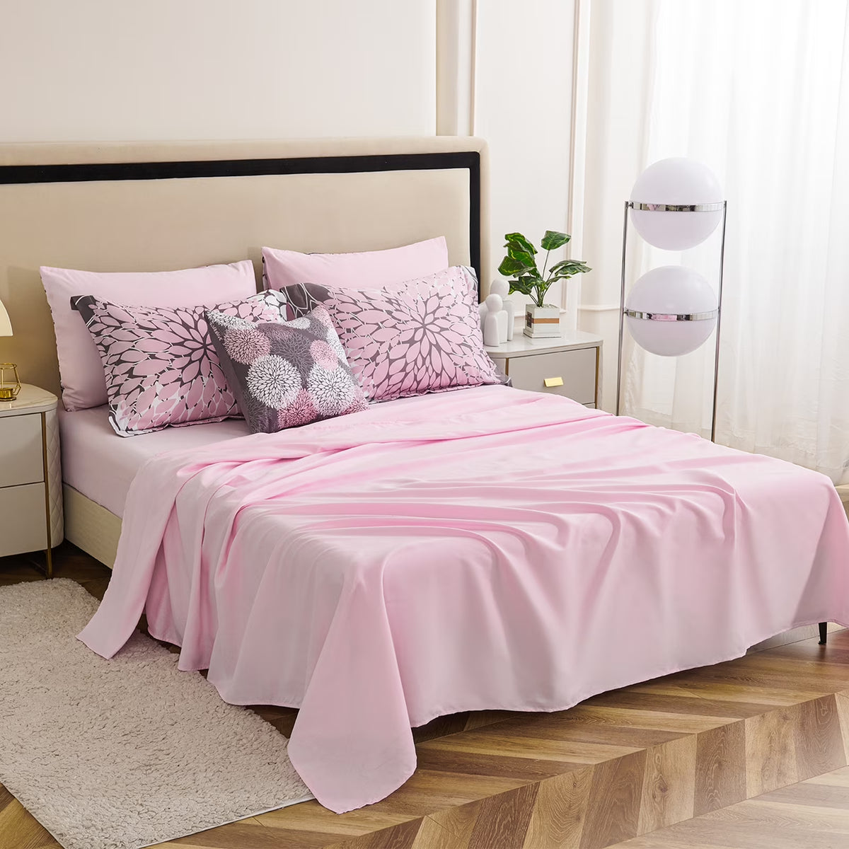 8-Piece Pink and Grey Queen Comforter Set - Reversible Floral Bed in a Bag with Sheets, Pillowcases, Shams, and Decorative Pillow Cover for Teen Girls and Women