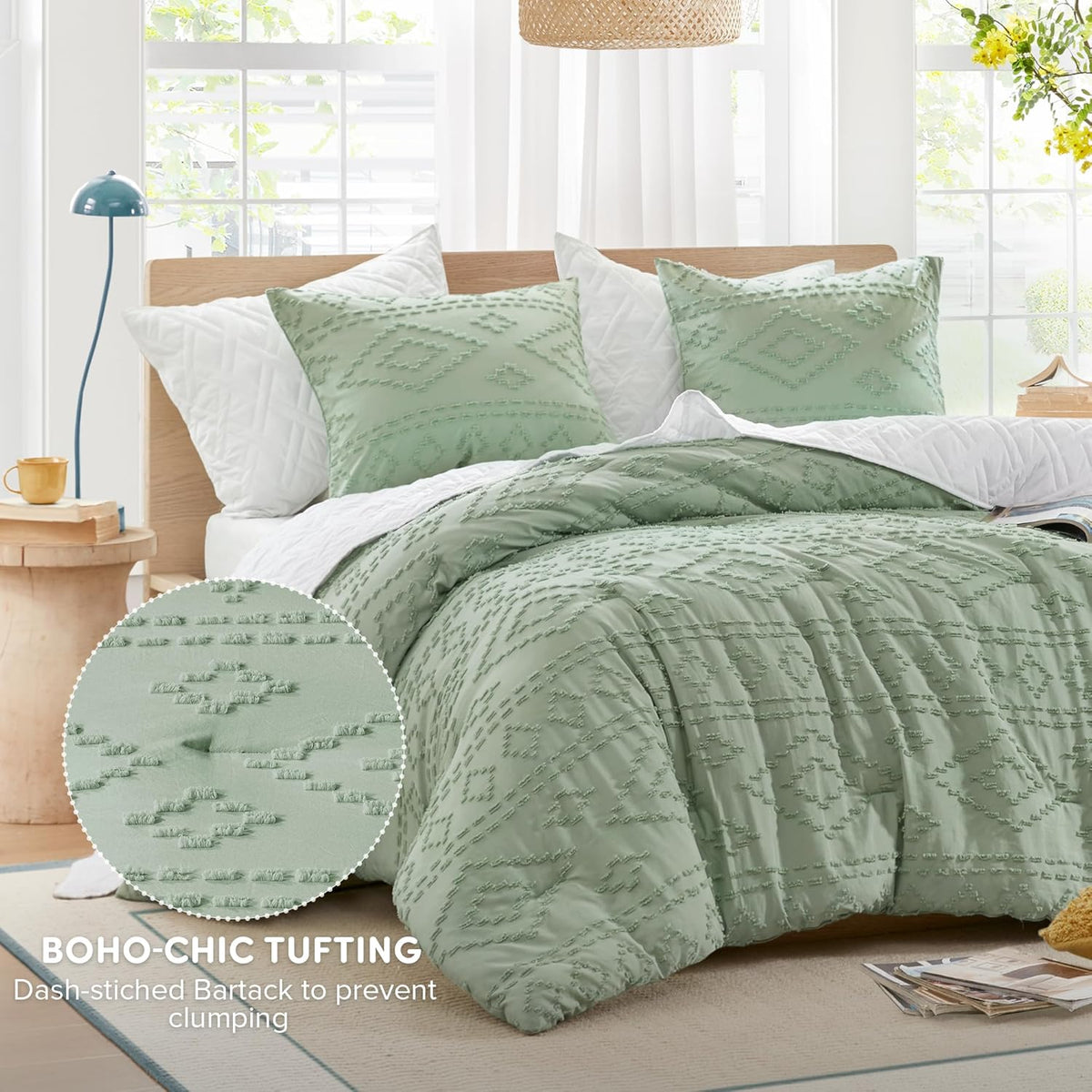 Comforter for Queen Size Bed, Geometric Diamond Tufted Boho Comforter Set Queen, All Season Lightweight Bedding Set, Matching Sham, Full/Queen Sage Green 3 Piece