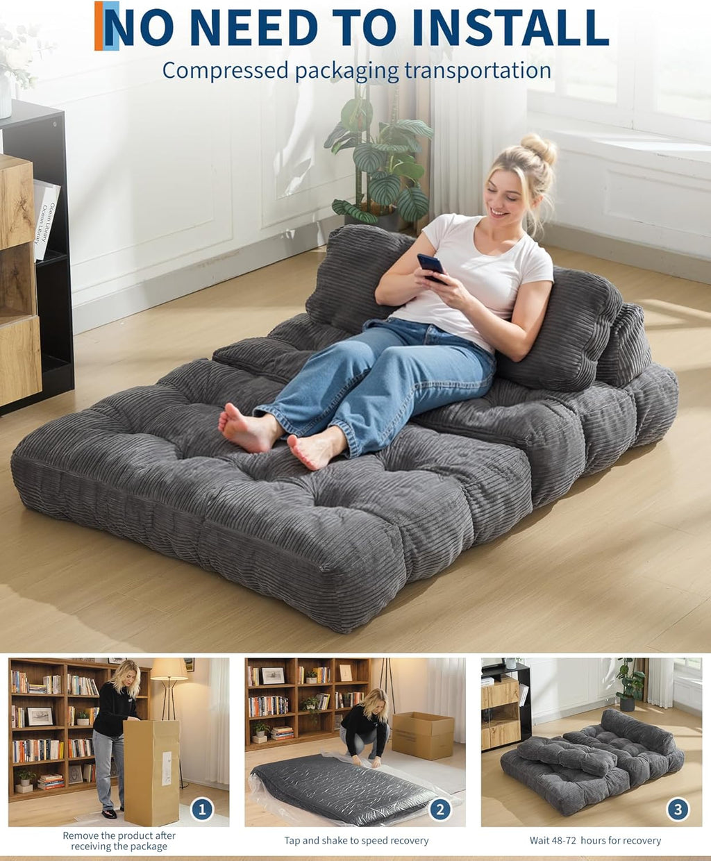 Folding Sofa Bed, Convertible Sofa Bed for 2 Person, Free Install Comforty Sleeper Sofa with Pillow, Compact and Versatile Sofa Couch for Guest Room, Portable Floor Lounge for Living Room, Dark Grey