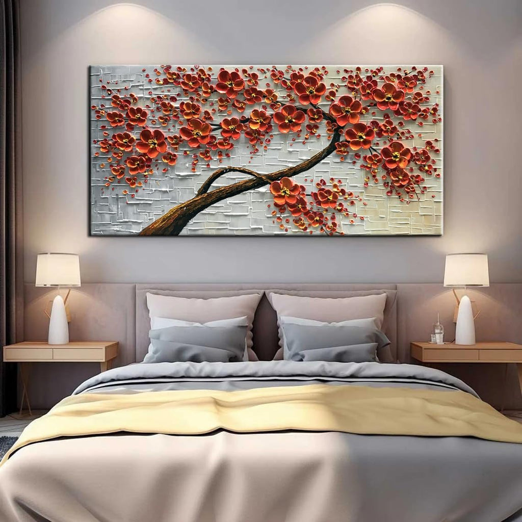 - 48X24Inch Canvas Wall Art, Hand Painted Oil Painting ,Abstract 3D Texture Wall Art Pictures, Red Floral Paintings, Modern Home Bedroom Wall Art Decor, Wall Art for Living Room, Large Framed Oil Painting.