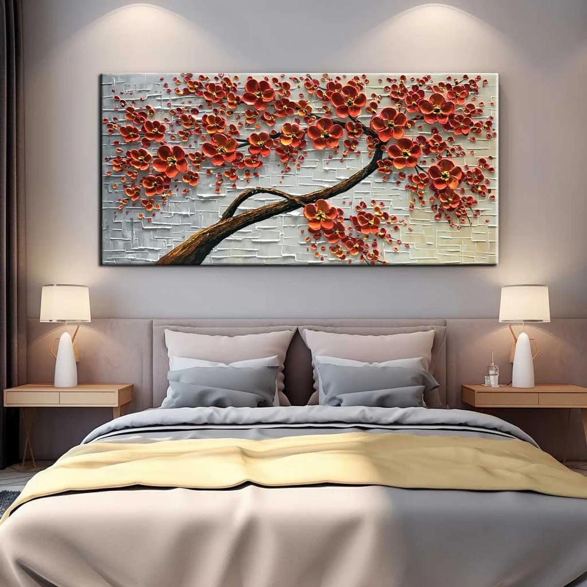 - 48X24Inch Canvas Wall Art, Hand Painted Oil Painting ,Abstract 3D Texture Wall Art Pictures, Red Floral Paintings, Modern Home Bedroom Wall Art Decor, Wall Art for Living Room, Large Framed Oil Painting.