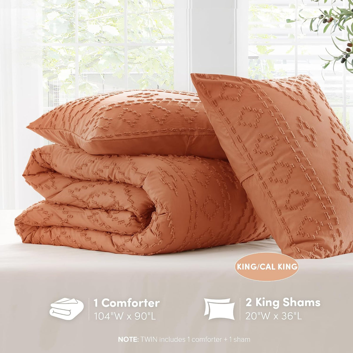 Comforter for King Size Bed, Geometric Diamond Tufted Boho Comforter Set, All Season Lightweight Bedding Set, Matching Sham, King/Cal King Terracotta 3 Piece