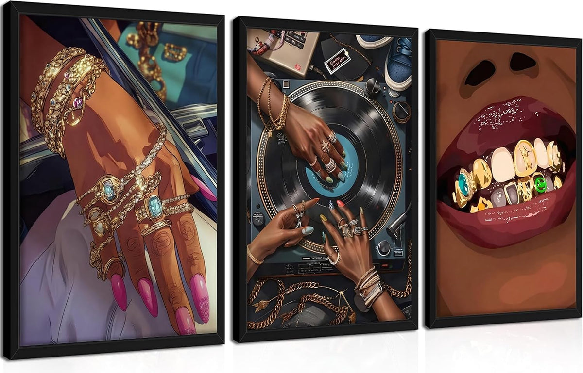 Black Girl Wall Art Set of 3, African American Black Woman Wall Decor, Fashion Abstract Women Posters Prints Pictures for Bedroom Bathroom Living Room Wood Framed 16X24 Inch
