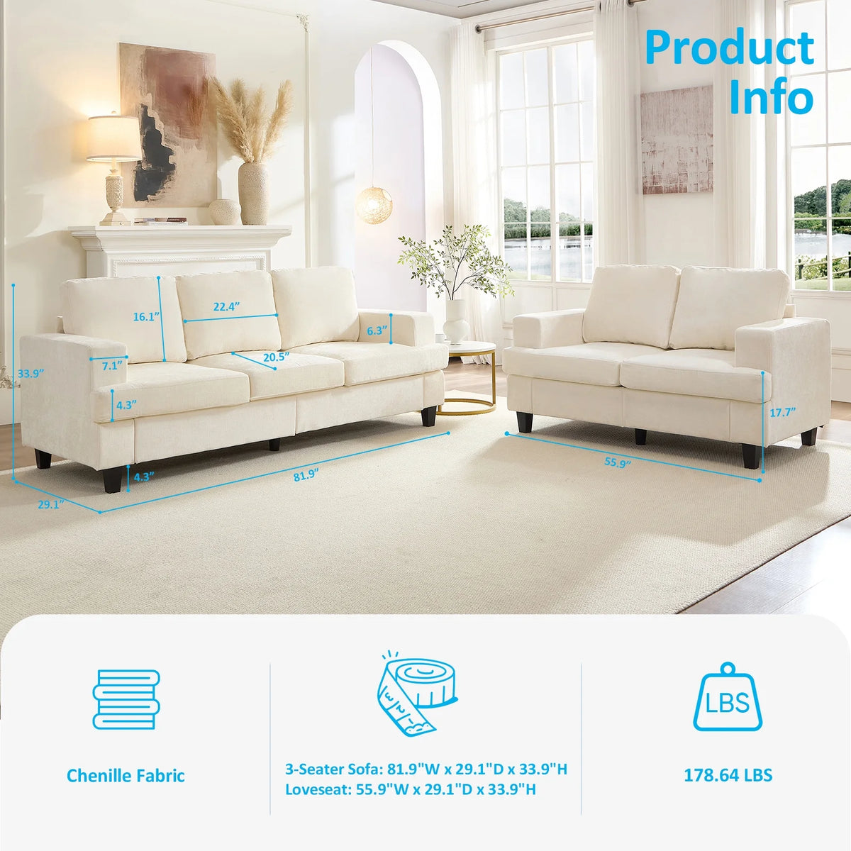 2 Piece Living Room Sofa Set, Chenille 3 Seat Sofa and Loveseat Sets, Modern Sectional Couch Sets for Living Room/Apartment/Office, Beige
