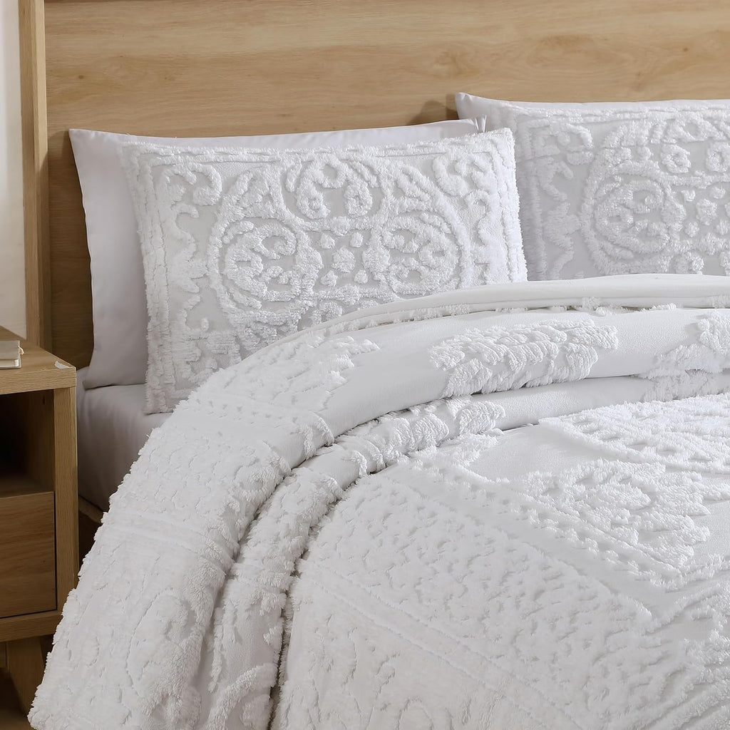 Medallion Tufted Chenille Comforter 3-Piece Set, Cotton, All Season Cozy Bedding, Queen, White