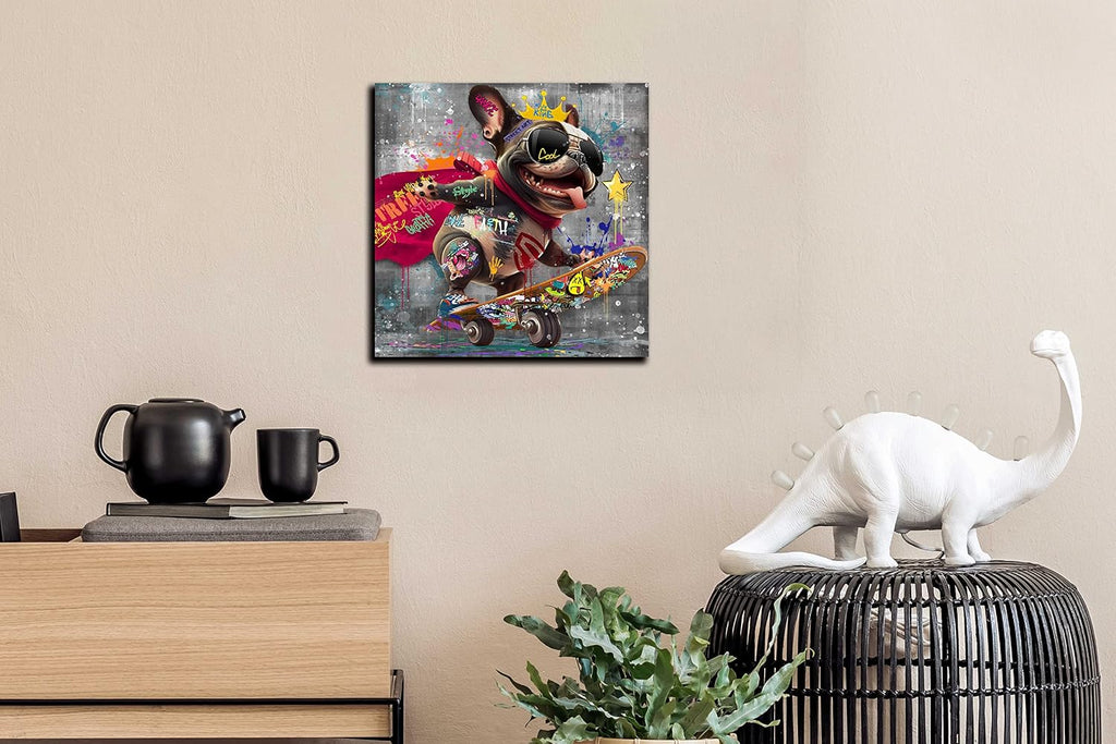 Funny Canvas Wall Art Funky Dog Play Skateboard Graffiti Picture Cool Wall Decor Ready to Hang for Bedroom Kids Room Size 14”W X 14”H
