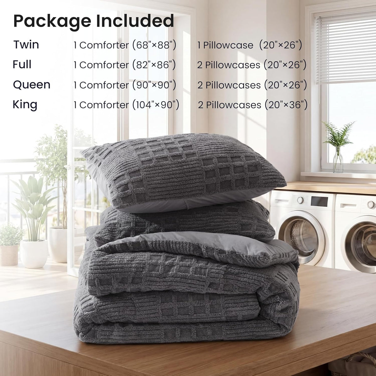 Waffle Fluffy Comforter Set King Size - Super Soft Faux Fur Stripe Jacquard Comforter 3 Pieces, Grey Fleece Bedding Set,Winter Warm Bed Set,1 Comforter with 2 Pillowcases