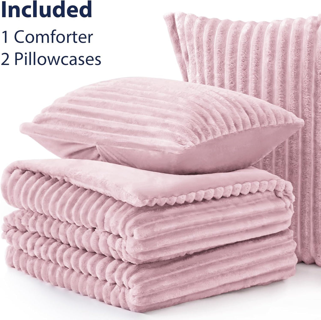 Fluffy Comforter Set King Size - Super Soft Faux Fur Stripe Jacquard Comforter 3 Pieces, Fleece Bedding Set,Winter Warm Bed Set,1 Comforter with 2 Pillowcases (Purplish Pink)