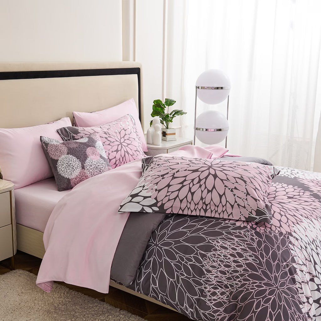 8-Piece Pink and Grey Queen Comforter Set - Reversible Floral Bed in a Bag with Sheets, Pillowcases, Shams, and Decorative Pillow Cover for Teen Girls and Women