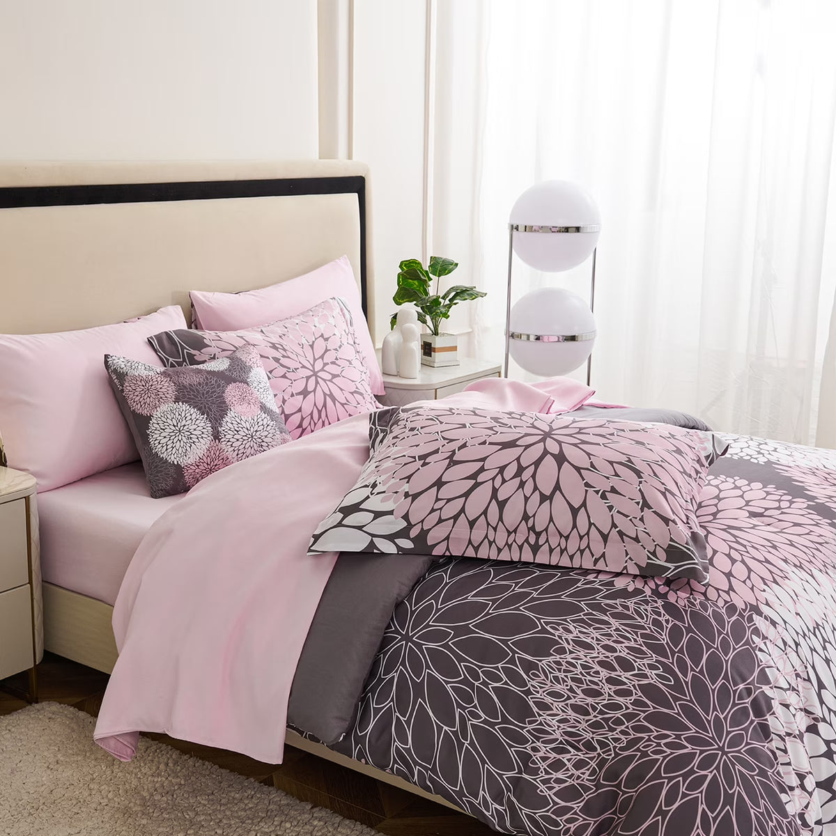 8-Piece Pink and Grey Queen Comforter Set - Reversible Floral Bed in a Bag with Sheets, Pillowcases, Shams, and Decorative Pillow Cover for Teen Girls and Women