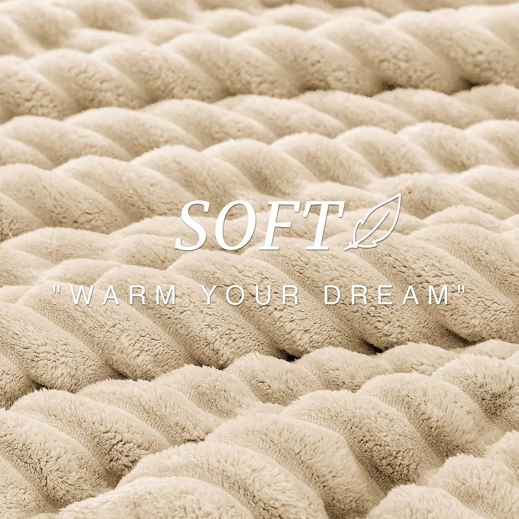 Fluffy Comforter Set King Size - Super Soft Faux Fur Stripe Jacquard Comforter 3 Pieces, Fleece Bedding Set,Winter Warm Bed Set,1 Comforter with 2 Pillowcases (Khaki)