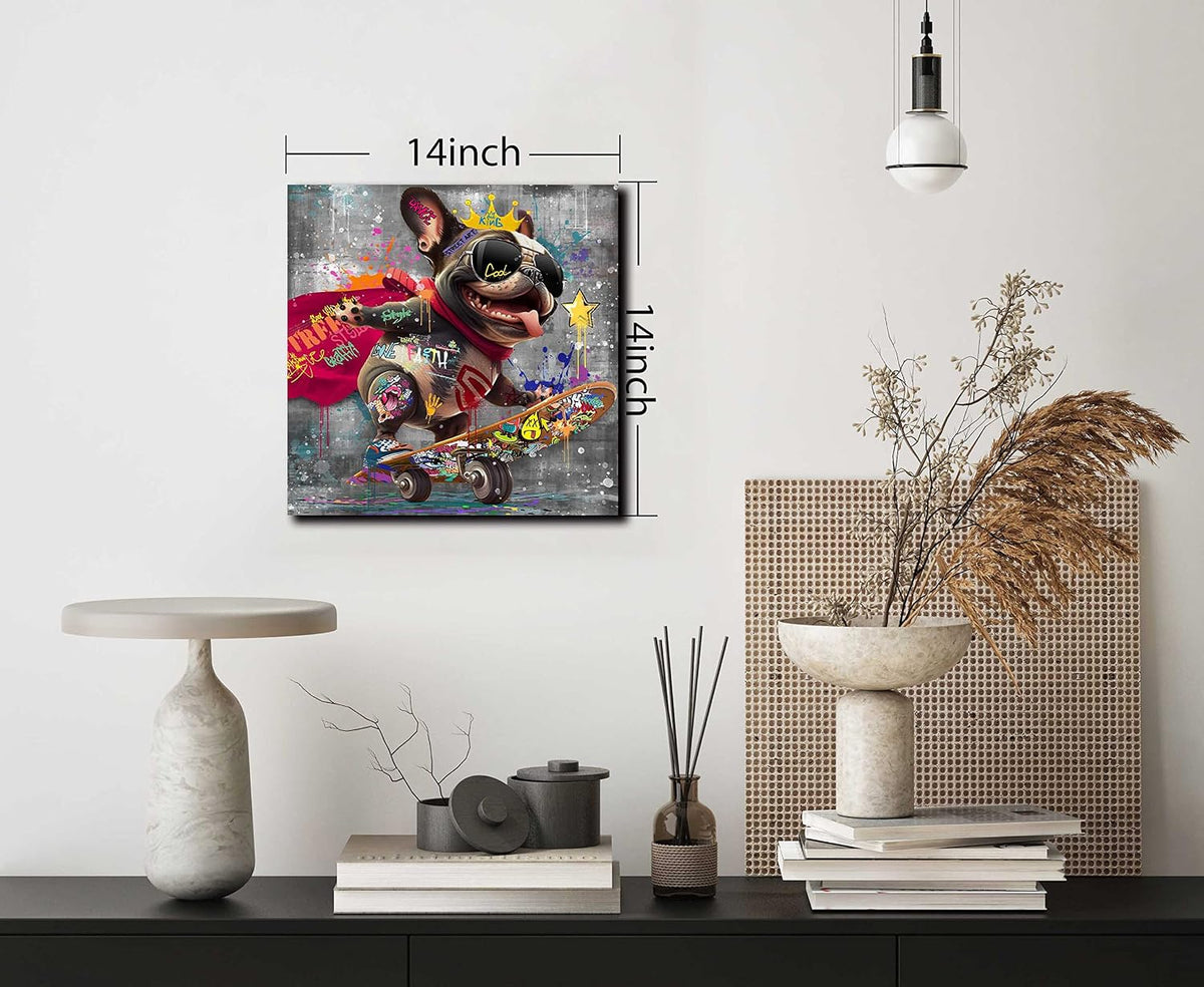 Funny Canvas Wall Art Funky Dog Play Skateboard Graffiti Picture Cool Wall Decor Ready to Hang for Bedroom Kids Room Size 14”W X 14”H