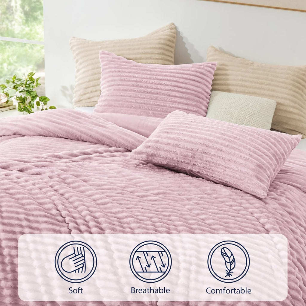 Fluffy Comforter Set King Size - Super Soft Faux Fur Stripe Jacquard Comforter 3 Pieces, Fleece Bedding Set,Winter Warm Bed Set,1 Comforter with 2 Pillowcases (Purplish Pink)