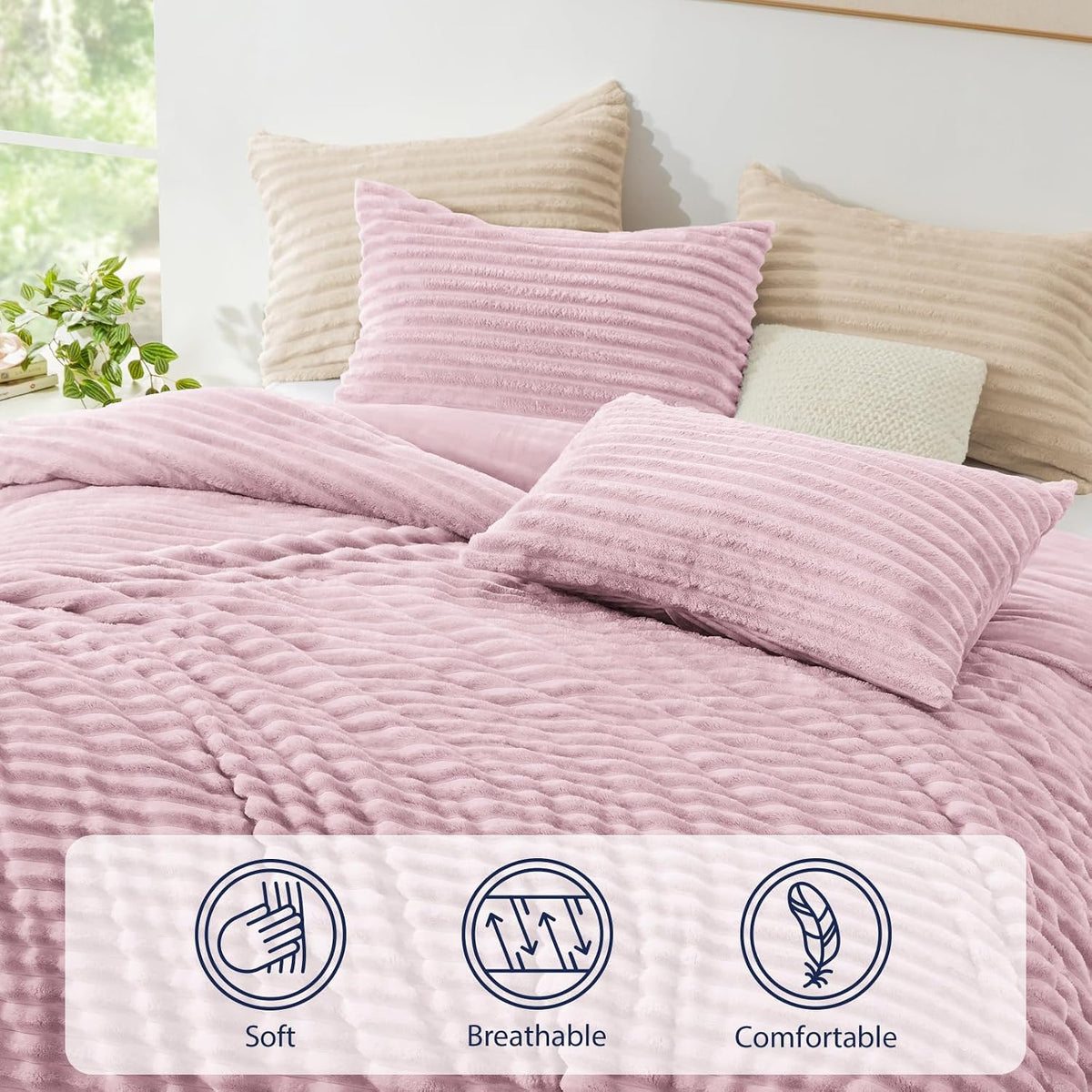 Fluffy Comforter Set King Size - Super Soft Faux Fur Stripe Jacquard Comforter 3 Pieces, Fleece Bedding Set,Winter Warm Bed Set,1 Comforter with 2 Pillowcases (Purplish Pink)