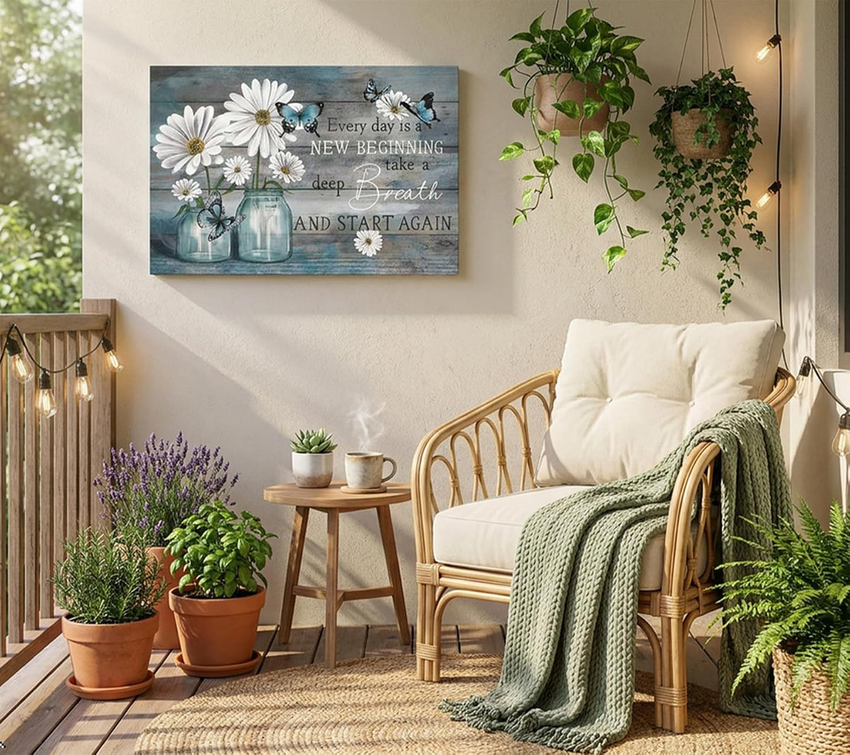 Daisy Canvas Wall Art Butterfly Wall Decor Inspirational Poster Print Flower Picture Painting Still Life Suitable for Country Farmhouse Bedroom Bathroom Rustic Wall Decoration (Blue, 36X24In Canvas)