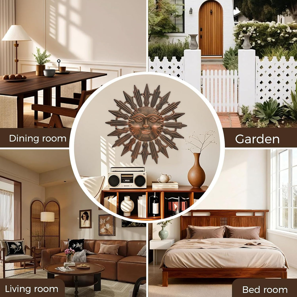 Metal Sun Wall Art Decor Outdoor Metal Wall Art Sun Outdoor,Large Wall Decorations for Garden, Sun Wall Art Metal Sun Face Art(Brown)