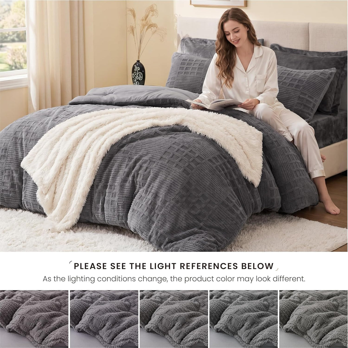 Waffle Fluffy Comforter Set Twin Size - Super Soft Faux Fur Stripe Jacquard Comforter 3 Pieces, Grey Fleece Bedding Set,Winter Warm Bed Set,1 Comforter with 1 Pillowcase