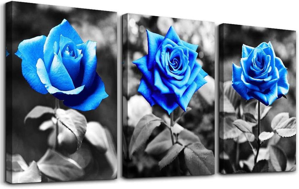 Bedroom Wall Art for Living Room Bathroom Wall Decor for Kitchen Family Pictures Artwork Black and White Blue Rose Flowers Canvas Paintings 16" X 24" 3 Pieces Framed Modern Office Home Decorations
