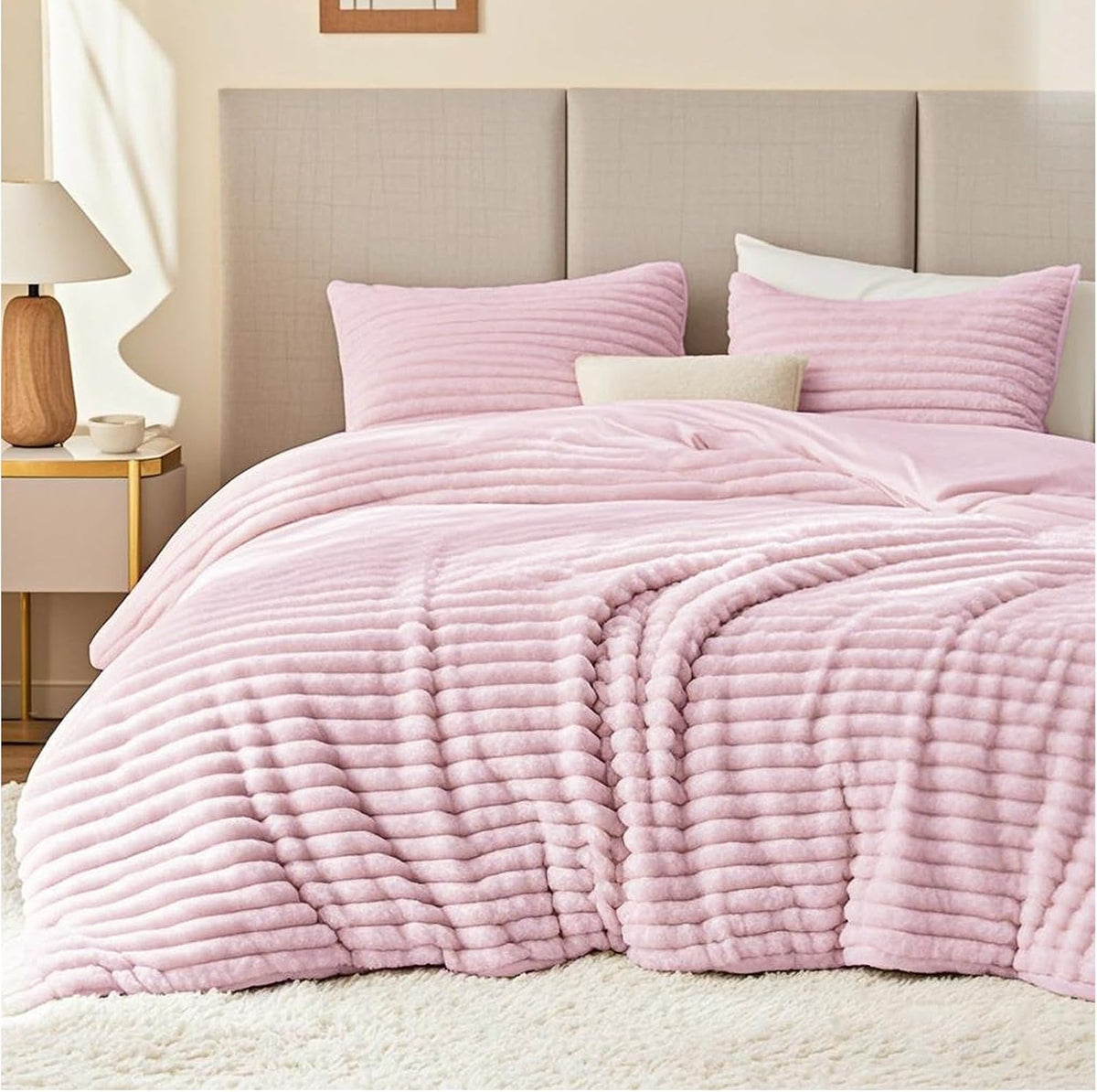 Fluffy Comforter Set King Size - Super Soft Faux Fur Stripe Jacquard Comforter 3 Pieces, Fleece Bedding Set,Winter Warm Bed Set,1 Comforter with 2 Pillowcases (Purplish Pink)