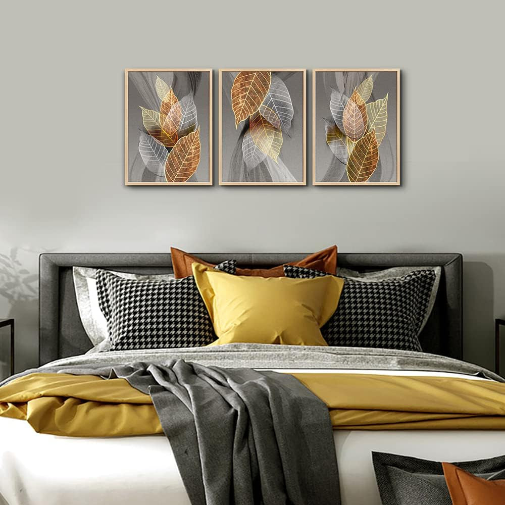 Natural Wood Framed Wall Art for Living Room Large Size Wall Decorations for Bedroom Office Wall Decor Abstract Leaves Painting Framed Wall Pictures Artwork Kitchen Home Decor of 3 Piece Art Prints