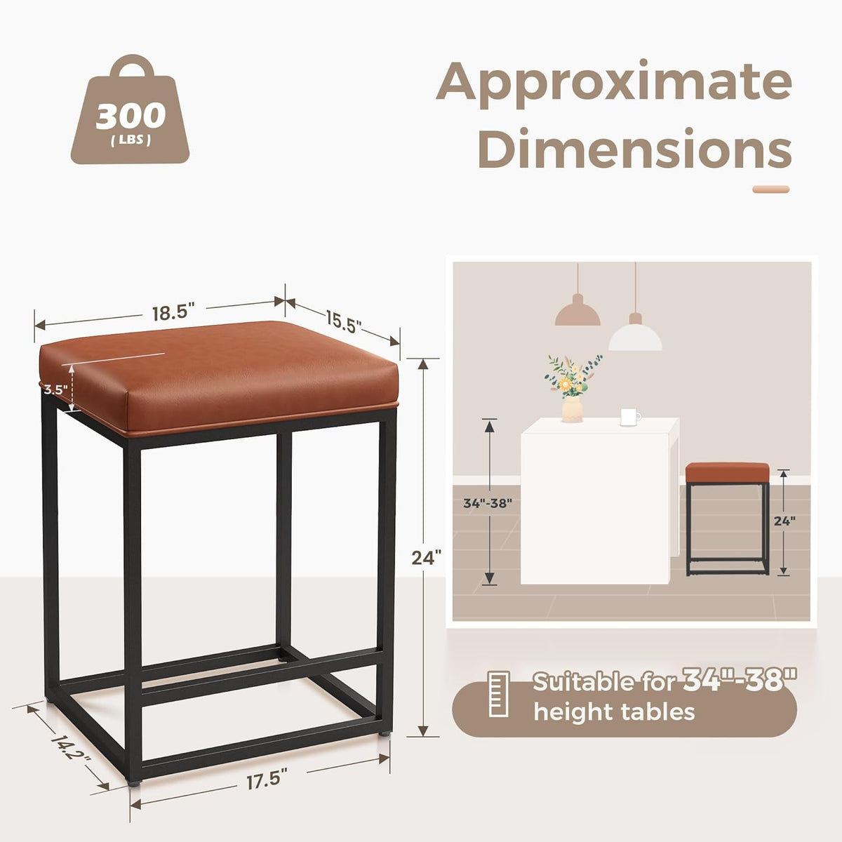 Counter Height 24" Bar Stools Set of 2 for Kitchen Counter Backless Modern Barstools Industrial Upholstered Faux Leather Stools Farmhouse Island Chairs, (24 Inch, Brown)