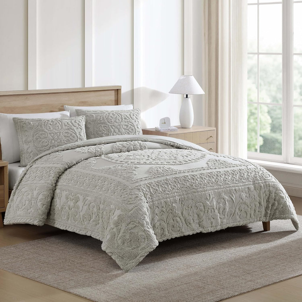 Medallion Tufted Chenille Comforter 3-Piece Set, Cotton, All Season Cozy Bedding, King, Gray
