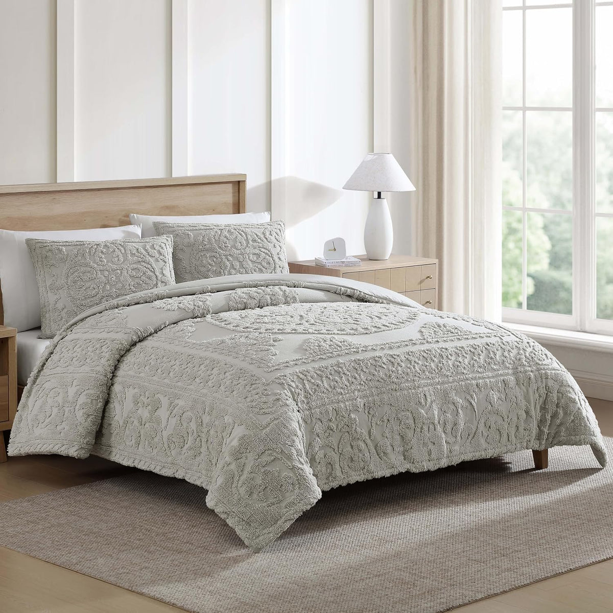 Medallion Tufted Chenille Comforter 3-Piece Set, Cotton, All Season Cozy Bedding, King, Gray