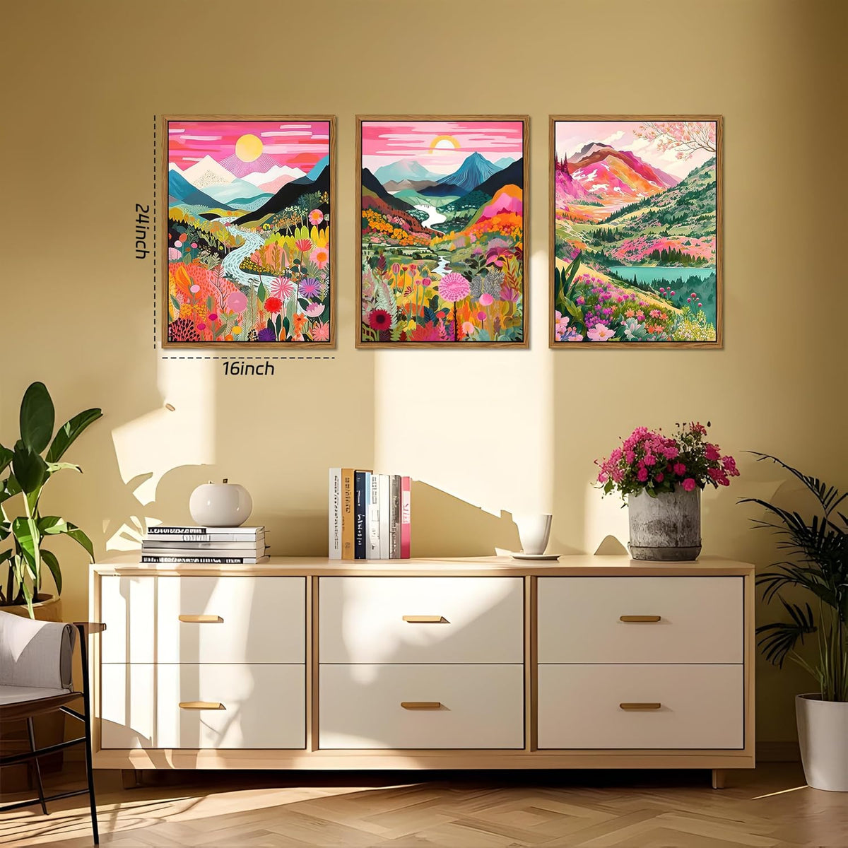 Floating Framed Large Boho Colorful Mountain Wall Art Set of 3, Abstract Watercolor Landscape Flower Wall Decor Paintings, Modern Nature Sunset Forest Posters Prints for Living Room 16X24 Inch